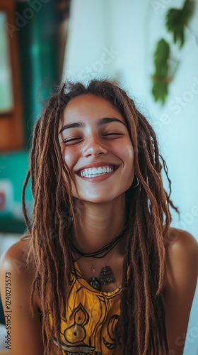 Smiling woman with dreadlocks enjoying a sunny day indoors in a vibrant, colo...