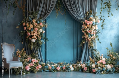 Elegant floral arrangement with vintage sofa in blue room for special events ...