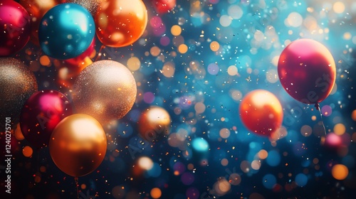 Colorful balloons and confetti create a festive atmosphere for a celebration
