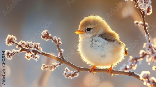 Bird perched on branch during golden hour with sunlight filtering through aut...