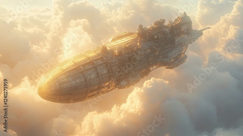 Futuristic spacecraft flying through clouds at sunrise in a vivid and imagina...