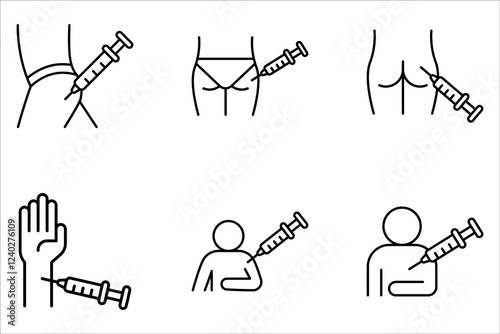 Insulin injecting line icon set. Applying insulin injection outline vector icon. Diabetes symbol on white background
