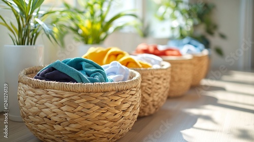 Colorful towels stored in woven baskets surrounded by plants in bright indoor...