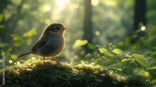 Young bird perched calmly on mossy log surrounded by lush greenery in forest