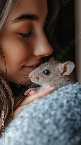 Young girl enjoying a tender moment with her pet hamster during a cozy indoor...