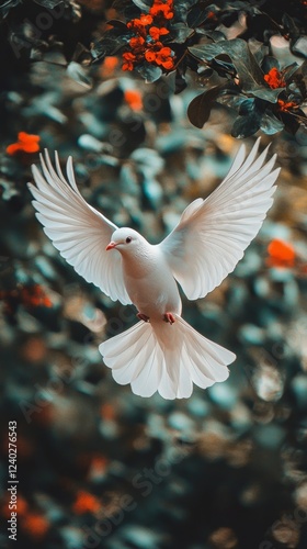 Elegant white bird soaring gracefully through the air in a dark background