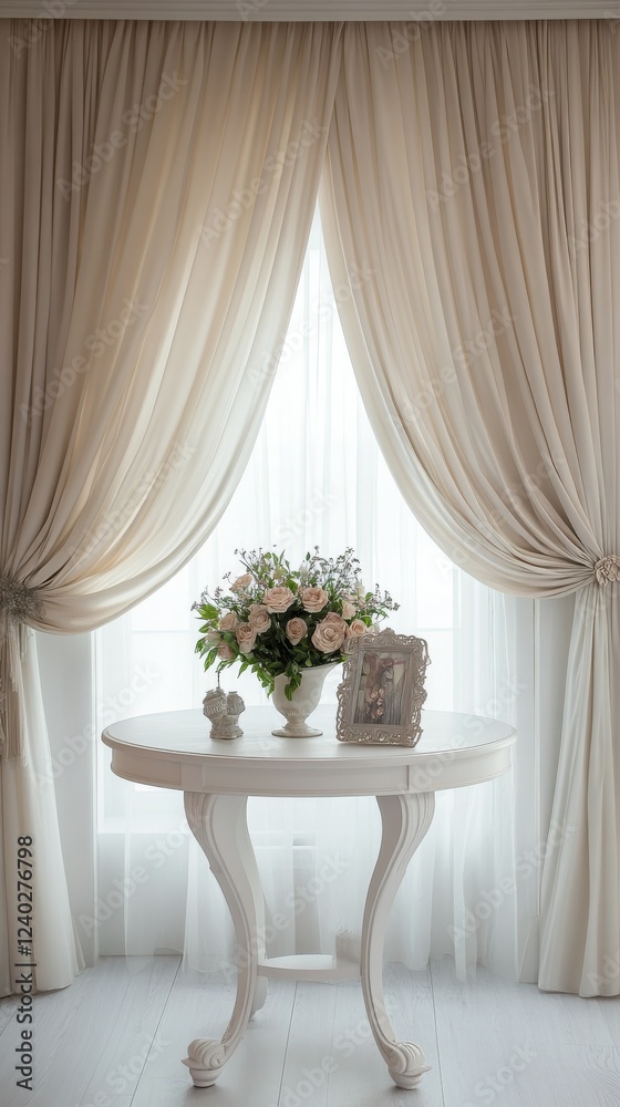 Elegant white table with a vase of flowers and soft curtains in a serene indoor space Elegant white table with a vase of flowers and soft curtains in a serene indoor space