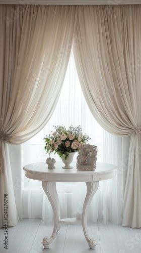 Elegant white table with a vase of flowers and soft curtains in a serene indo...