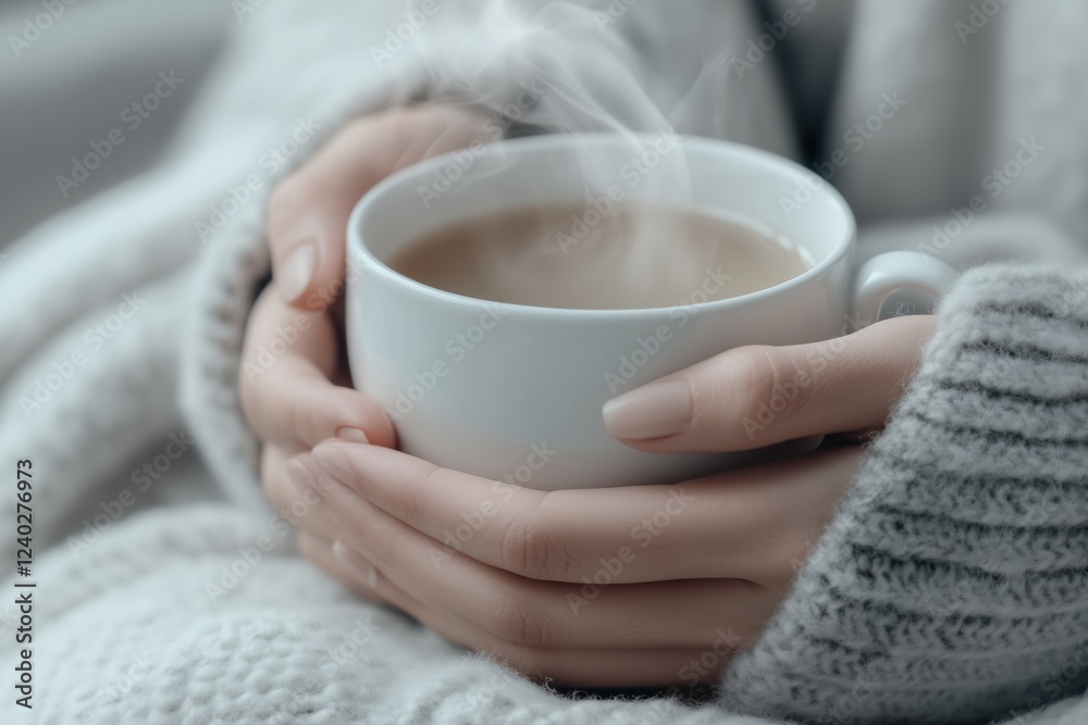 Cozy close-up of hands holding a steaming cup of coffee wrapped in a warm sweater. Comfort and relaxation concept Cozy close-up of hands holding a steaming cup of coffee wrapped in a warm sweater. Comfort and relaxation concept