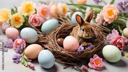 Little Bunny In Basket With Decorated Eggs - Easter Card
