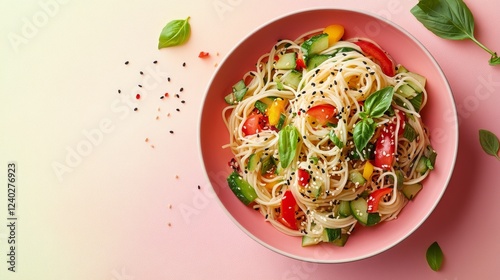 Delicious noodle bowl with colorful vegetables and herbs served in a stylish ...