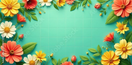 Vibrant Floral Border on a Teal Tile Background, Perfect for Springtime Announcements or Greetings
