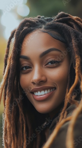 Smiling woman with dreadlocks enjoying a sunny day indoors in a vibrant, colo...