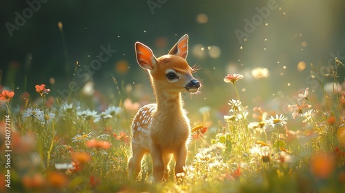 Fawn stands gracefully in a vibrant flower field during golden hour light
