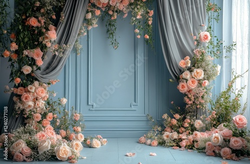 Elegant floral arrangement with vintage sofa in blue room for special events ...