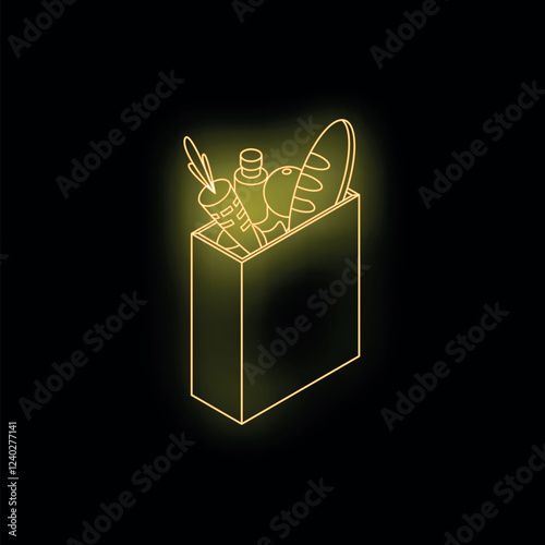Neon yellow glowing grocery bag containing fresh bread, carrots, oil, and lemon, representing the concept of grocery shopping