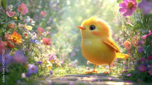 Cute yellow bird stands on lush green moss surrounded by colorful flowers in ...
