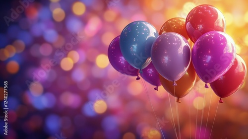 Colorful balloons floating against a vibrant sunset sky creating a festive at...