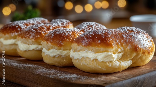 Cream-filled pastries arranged on a wooden board with soft lighting in a cozy...
