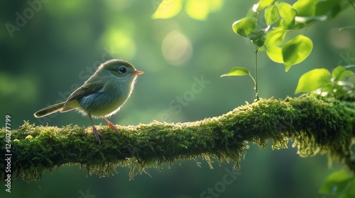 Young bird perched calmly on mossy log surrounded by lush greenery in forest