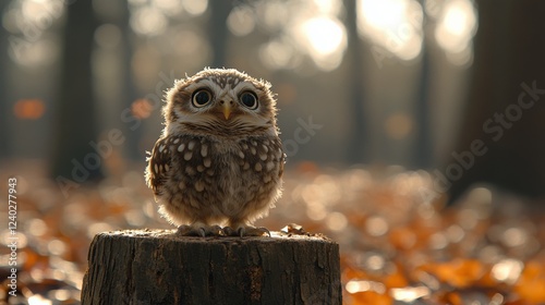 Cute baby owl perched on a tree stump in a sunlit forest setting during early...