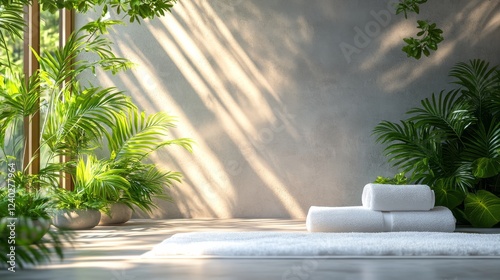 Soft white towels neatly stacked on a shelf surrounded by indoor plants in a ...