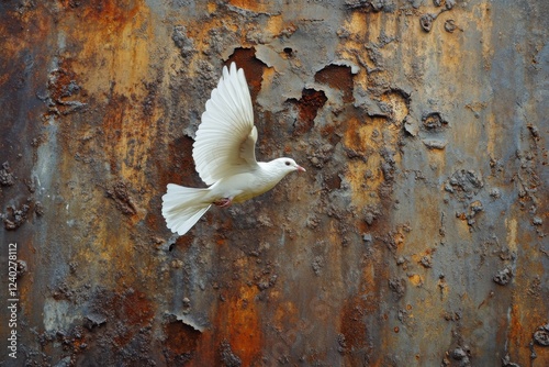 White dove soaring against a weathered blue metal backdrop in natural light