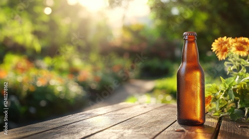 Sunlit amber bottle rests on wooden table in serene green garden setting