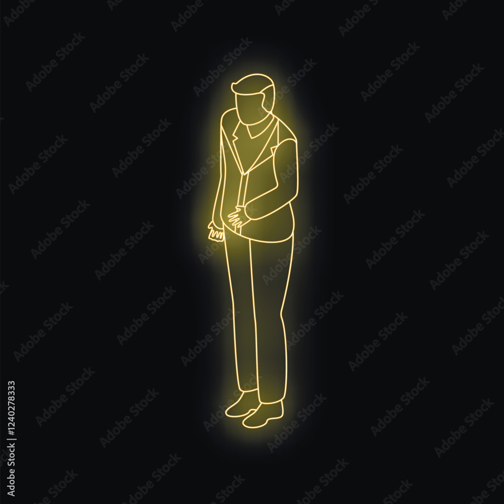 Neon light drawing representing a businessman standing with hands together on black background Neon light drawing representing a businessman standing with hands together on black background