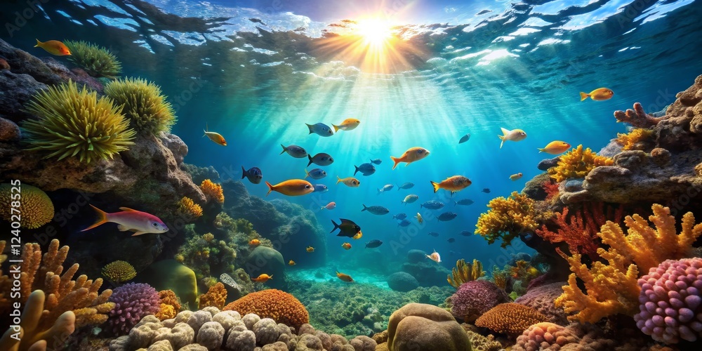 Obraz premium Vibrant Coral Reef Underwater Scene with Colorful Fish and Sunlight