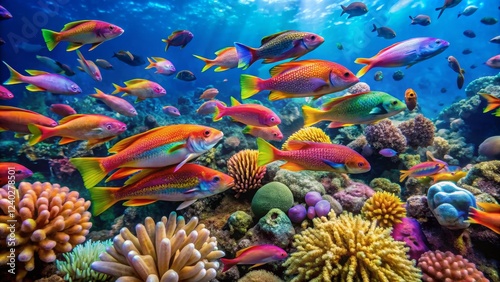 Vibrant Schools of Tropical Fish Swimming in Coral Reef Environment