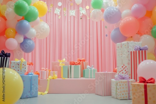 Colorful balloons and gifts create a festive atmosphere for a celebration or ...