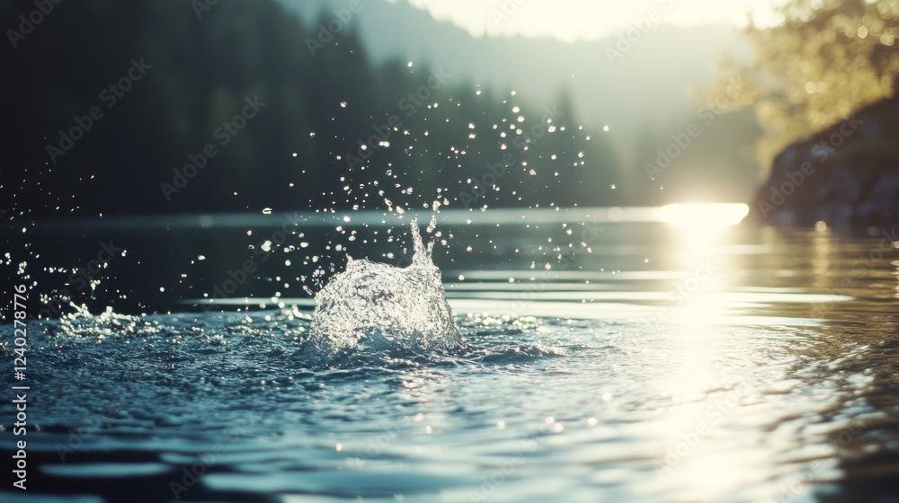 Obraz premium Sunlit water splashes upward from a serene lake, droplets sparkling in the warm glow of the setting sun, capturing a moment of lively beauty.
