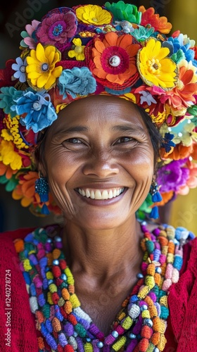 Colorful traditional attire and joyful expression captured in a vibrant cultu...
