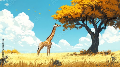 Giraffe gazes through green foliage in a vibrant wildlife setting during dayl...