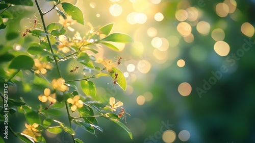 Ants gathering on a branch with green berries during sunset in a lush environ...