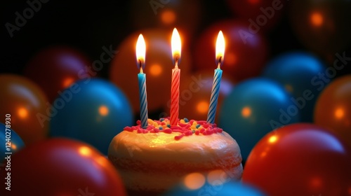 Colorful birthday cake with candles and balloons at a festive celebration