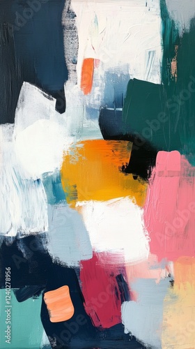 Colorful abstract artwork with swirling shapes in various hues displayed in a...