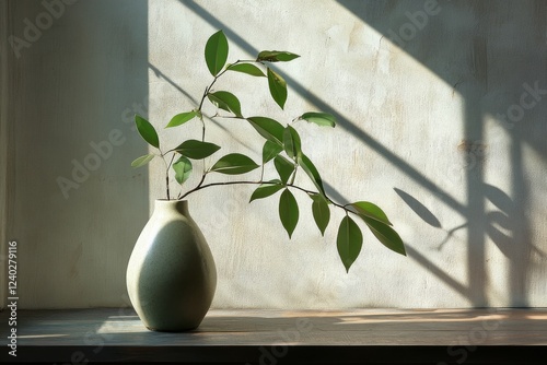 Fresh green leaves in a glass vase casting gentle shadows in soft light