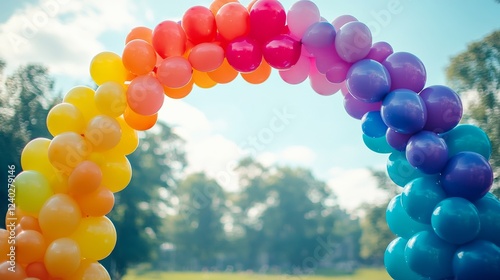 Colorful balloon arch decorates festive celebration with bright hues and chee...