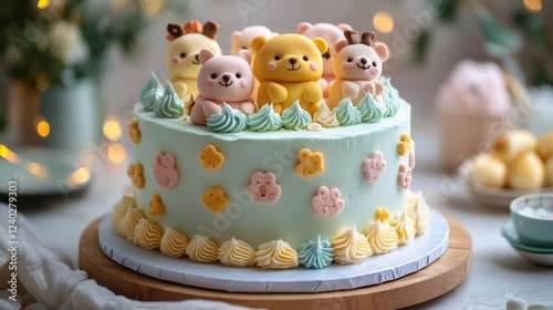 Colorful bear-themed cake with adorable decorations and festive atmosphere