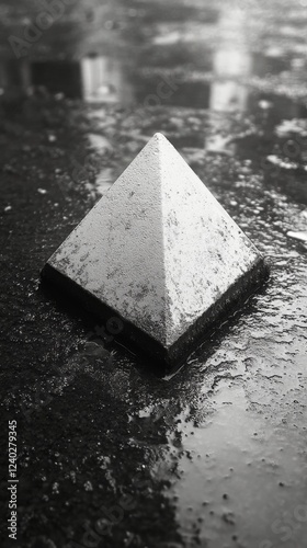 Black pyramid in shallow water surrounded by wet stone on a cloudy day