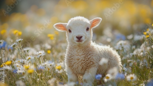 Two playful lambs among colorful wildflowers in a sunny meadow