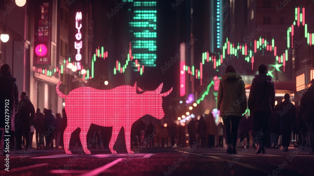 Nighttime Cityscape with Bull Symbolizing Stock Market Growth in Urban Environment Nighttime Cityscape with Bull Symbolizing Stock Market Growth in Urban Environment
