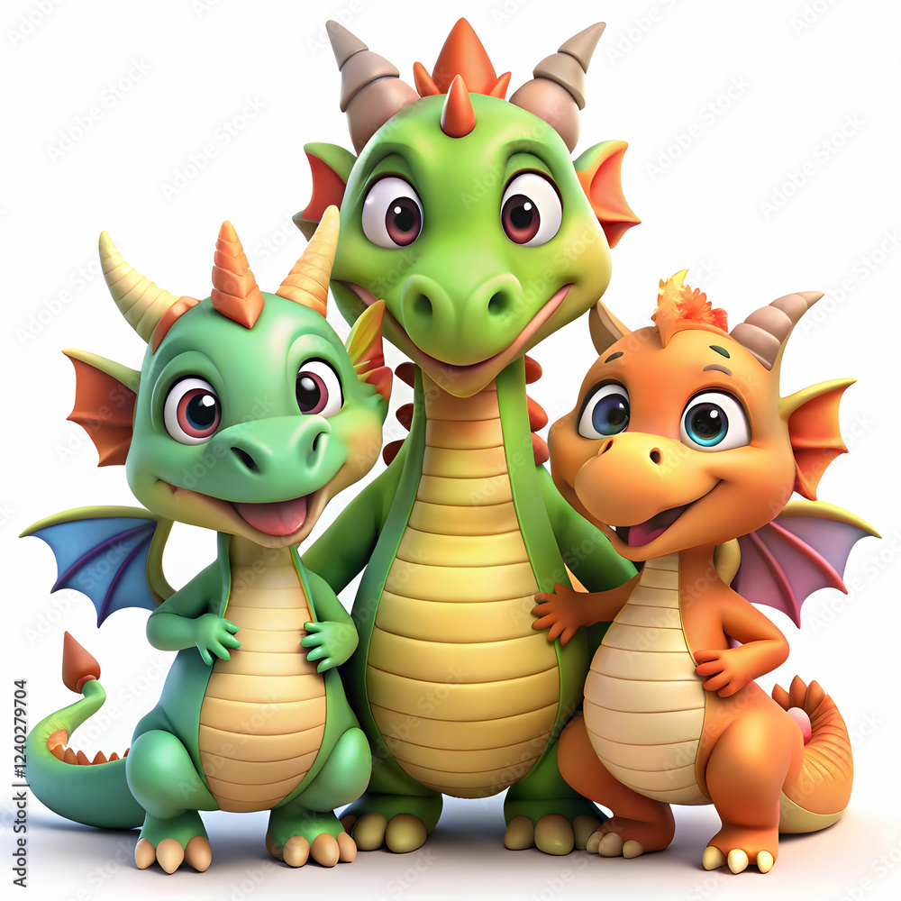 Naklejka premium Adorable 3D Cartoon Dragon Family Clipart for Sublimation