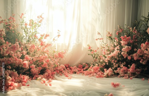 Elegant floral arrangement with soft drapery in a vintage interior setting