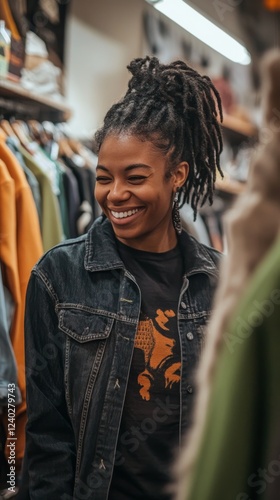 Smiling woman shopping for clothes in a trendy retail store during the day