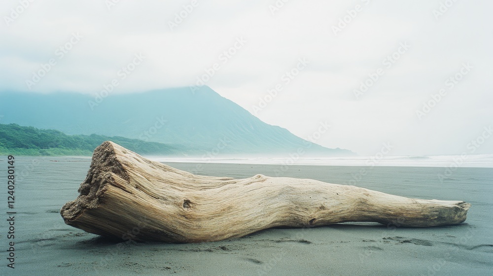 A solitary driftwood log rests on a deserted beach, with misty mountains in the background, capturing a serene coastal tranquility. A solitary driftwood log rests on a deserted beach, with misty mountains in the background, capturing a serene coastal tranquility.
