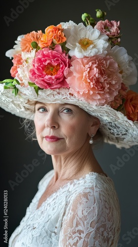 Elegant woman wearing a floral hat posing gracefully in a soft pastel setting
