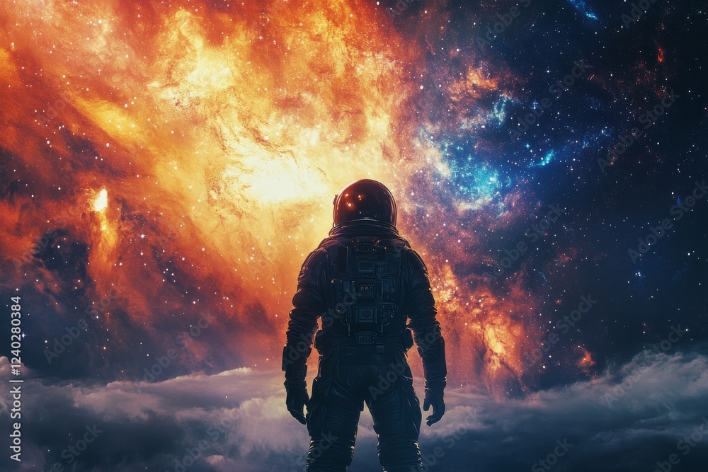 Astronaut gazing at stunning cosmic nebula in deep space at twilight